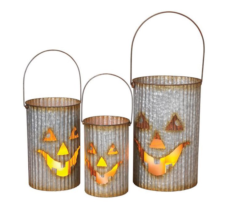 These galvanized steel jack-o-lantern buckets are perfect for a farmhouse Halloween styled porch.