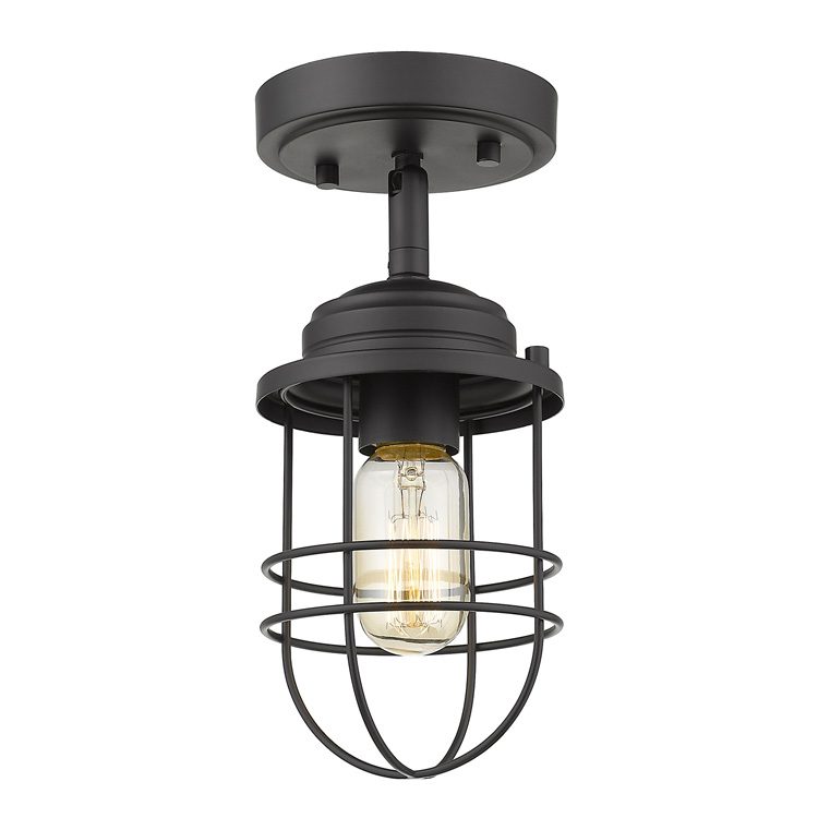 A vintage light with black metal cage, a Golden Lighting classic design.