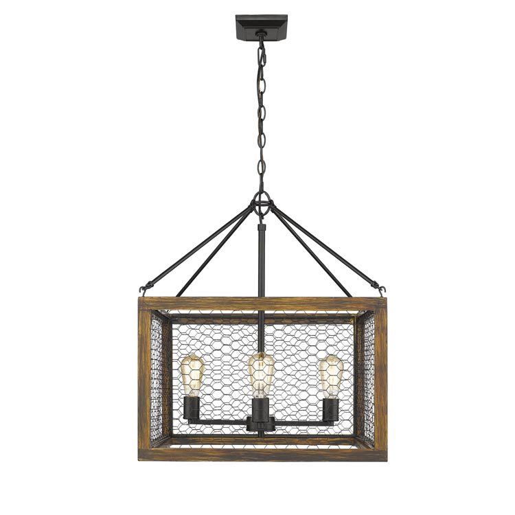 This cubic Golden Lighting 3-light pendant incorporates four-side of black chicken wire with a wood-edge finish.