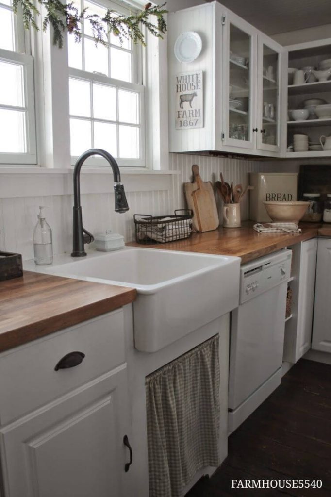 Wood counters in farmhouse style kitchen