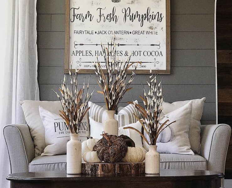 Living room for fall with sign art, from Janelle Trinette blog