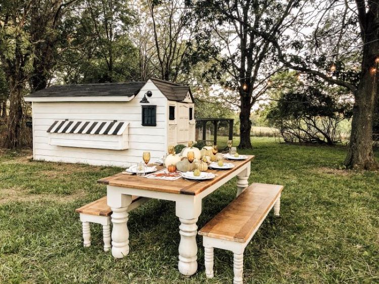 Outdoor fall dinner in front of chicken coop