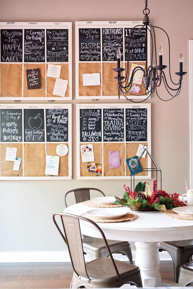 Empty vintage window frames turned into half chalkboard, half burlap covered wall calendars.