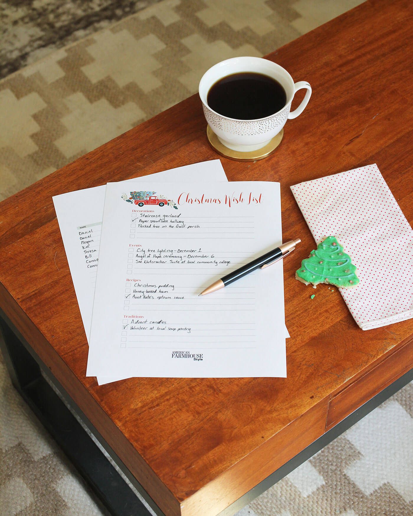 Christmas wish list half filled out on coffee table