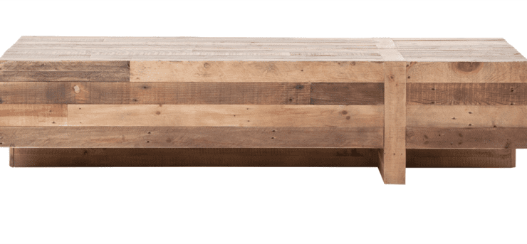 Rustic rectangular, wood coffee table made out of wood slats.