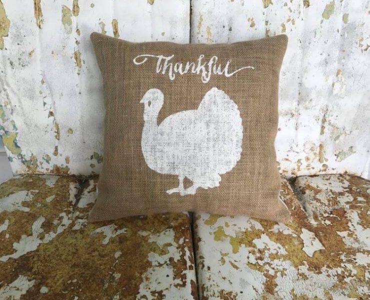 Rustic farmhouse Thanksgiving burlap pillow