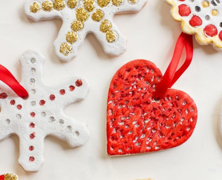 Salt-Dough DIY ornaments in holiday shapes, painted red, white and glittery gold.
