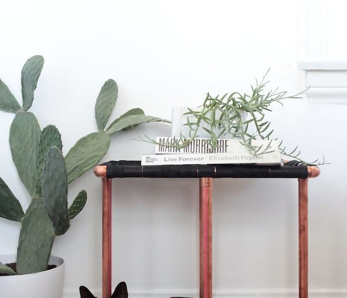 copper pipe side table with cat underneath