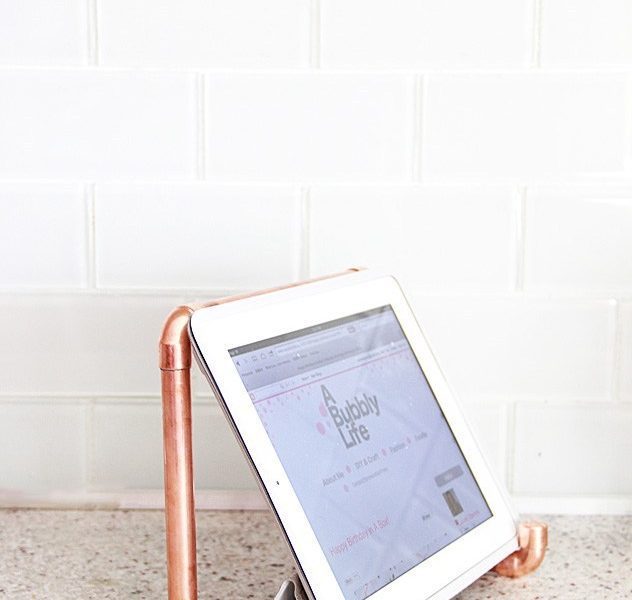 copper pipe DIY projects ipad holder on countertop