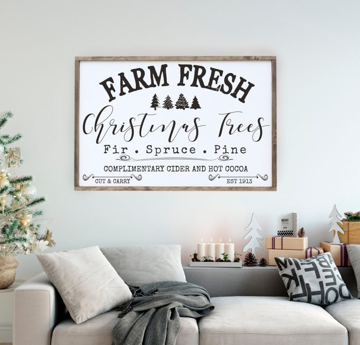 A farm-fresh Christmas decor piece of vintage-inspired sign art for "farm fresh" Christmas trees, cider and hot cocoa.