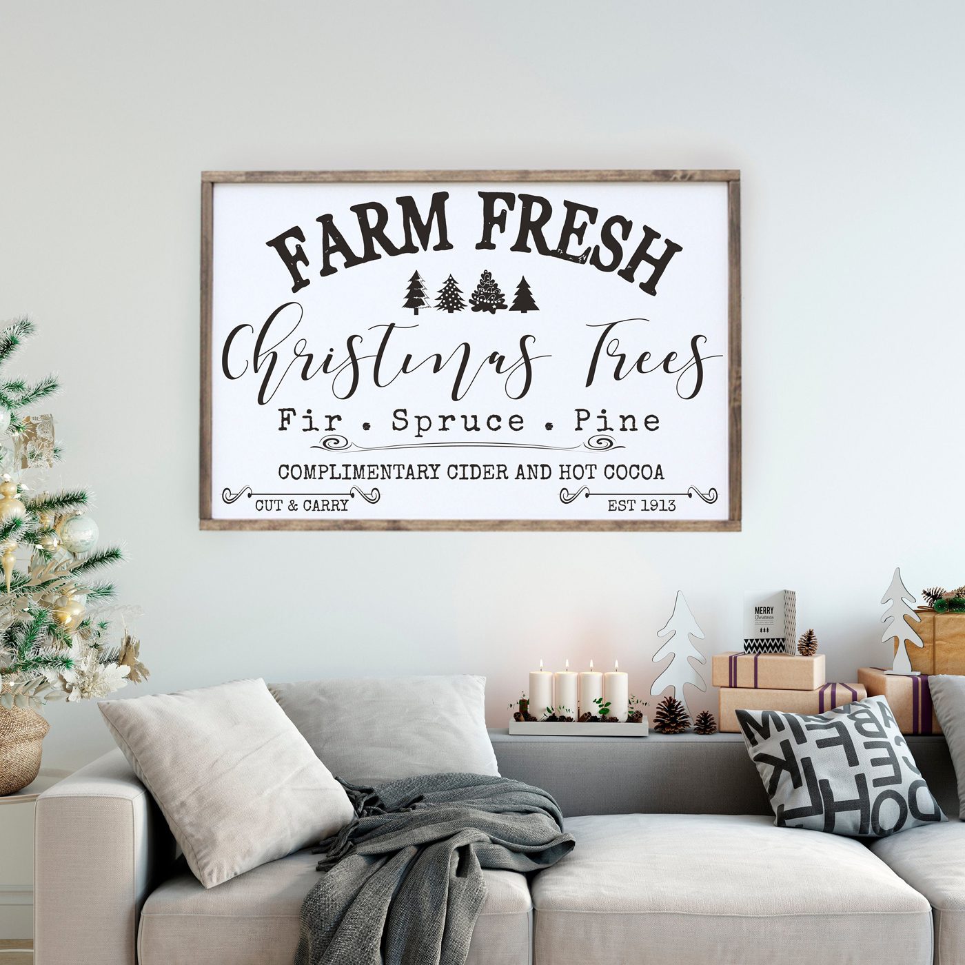 A farm-fresh Christmas decor piece of vintage-inspired sign art for "farm fresh" Christmas trees, cider and hot cocoa.