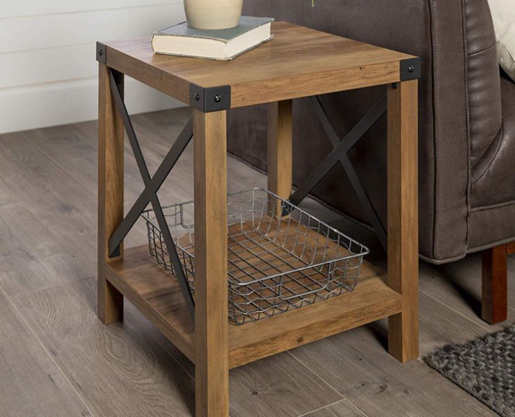 Farmhouse furniture wood side table with black metal finishings and a lower level for more storage.