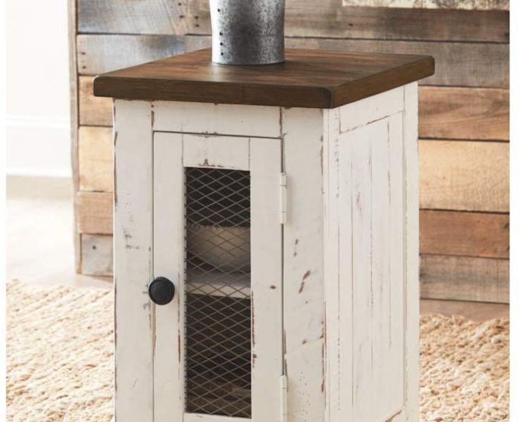 Small end table with a doored storage compartment underneath, perfect for small decor.