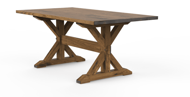 A rustic wood table with two "X" legs.