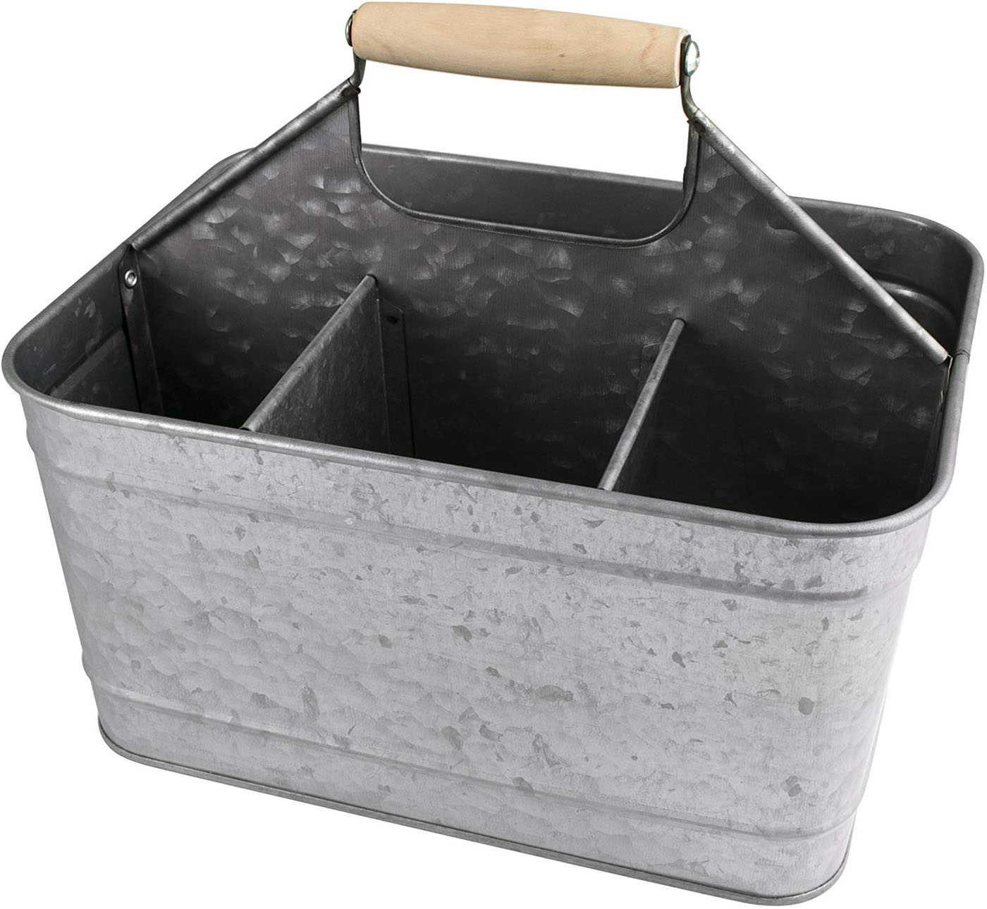Galvanized metal caddy with wooden handle and six compartments, perfect for a furniture clean and repair kit.
