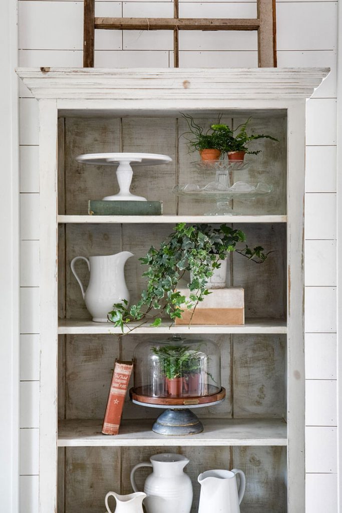 An old bookcase filled with house plants, white jugs and vintage charm books