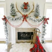 Red ribbons and bows complete the Christmas mantelpiece