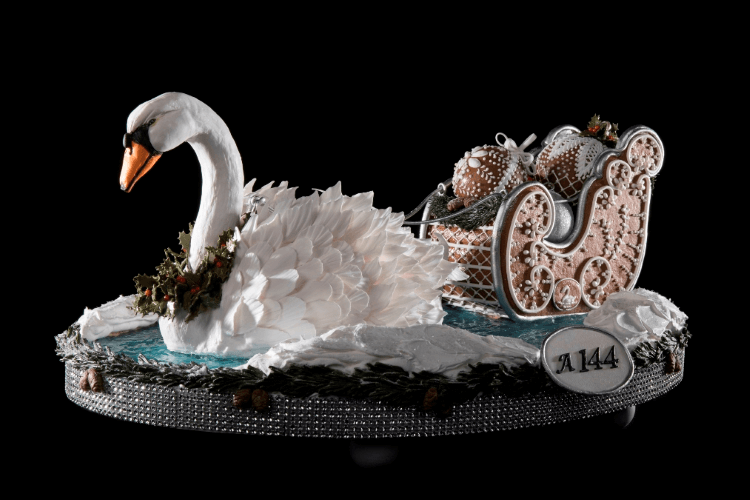 A large gingerbread swan from last year's annual gingerbread contest