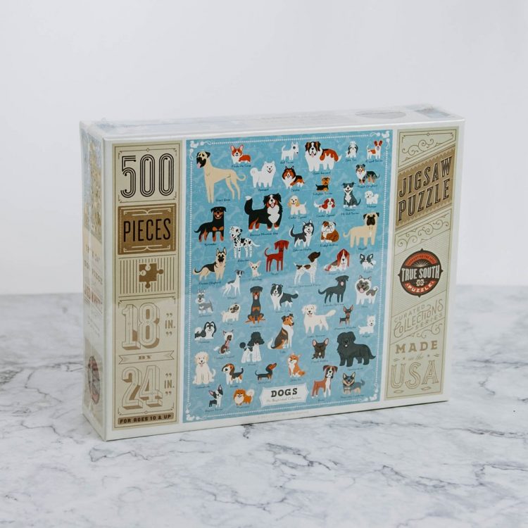 Vintage-themed 500-piece jigsaw puzzle of many different cartoon dogs.