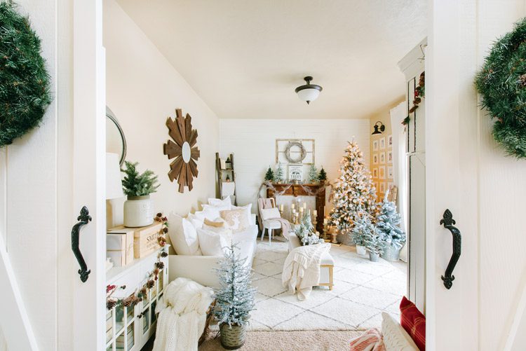 The second living room of the Utah farmhouse, completely decorated for a neutral Christmas.