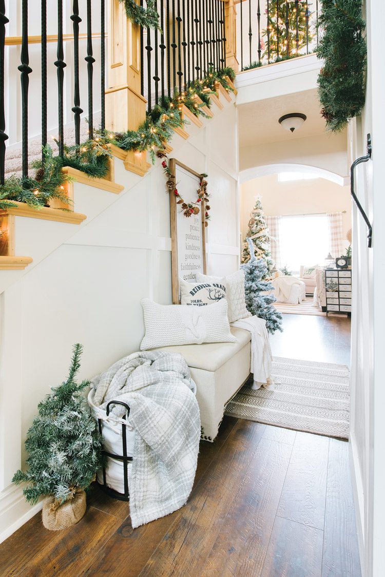 The Utah farmhouse entryway with a cozy side bench.