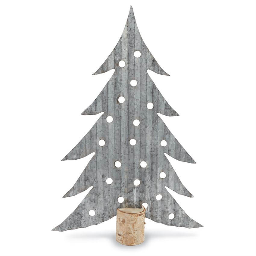 Standing piece of galvanized metal cut into a Christmas tree shape