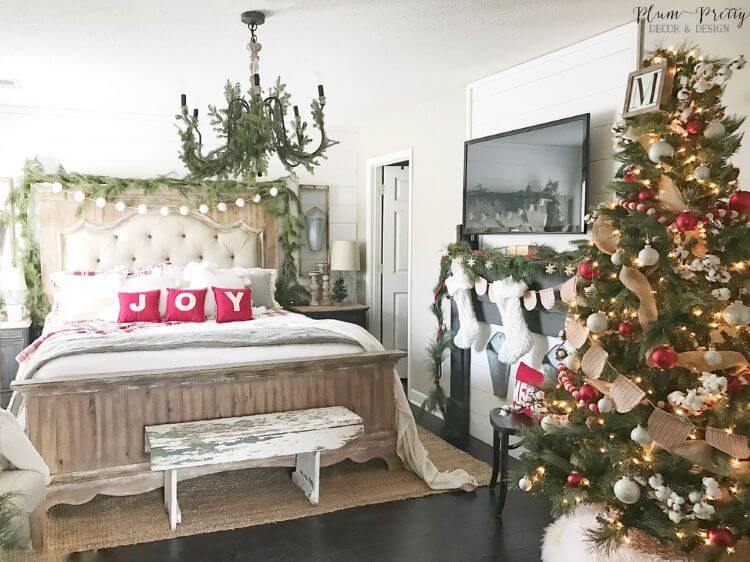 farmhouse style bedroom with rustic accents like faded wood