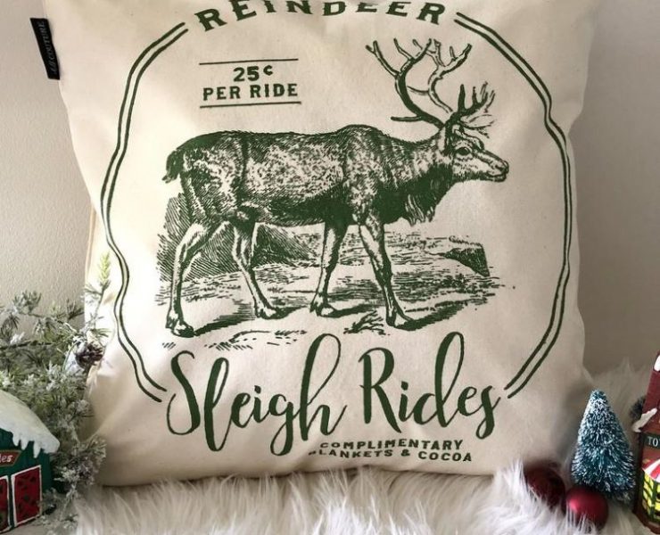 Reindeer throw pillow cover in green and white