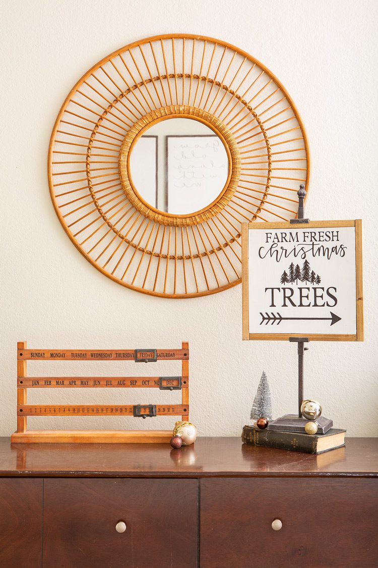 A holiday wooden Etsy sign that says " Farm Fresh Christmas Trees."