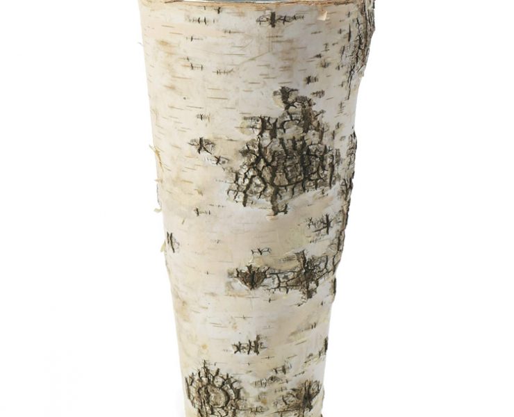 Metal vase with white birch bark wrapped around it.