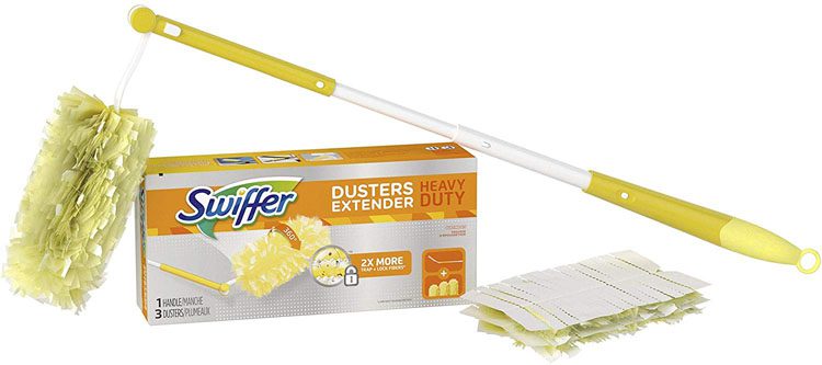 Yellow and white swiffer duster with the handle fully extended.