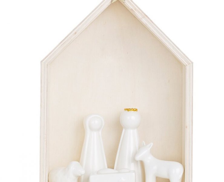 Off-white Nativity set with six pieces and two gold accents, one of Joseph's headband and the sparkly star on the tip of the stable.