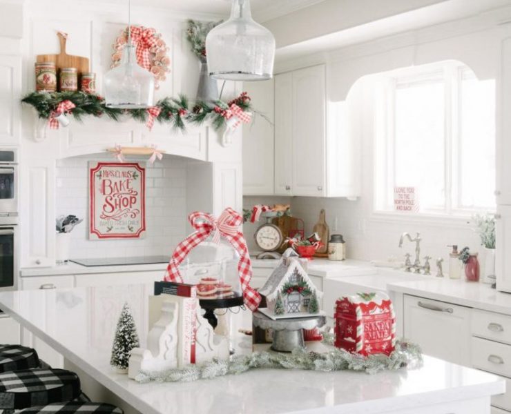 Farmhouse kitchen with Christmas collectibles on the counter top