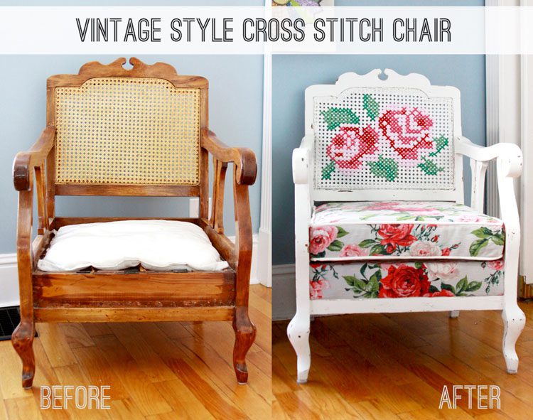 Before and after pictures: A shabby wood chair with cane webbing in the back is remodeled into a white chair with a floral cushion and floral cross-stitching on the cane webbing.