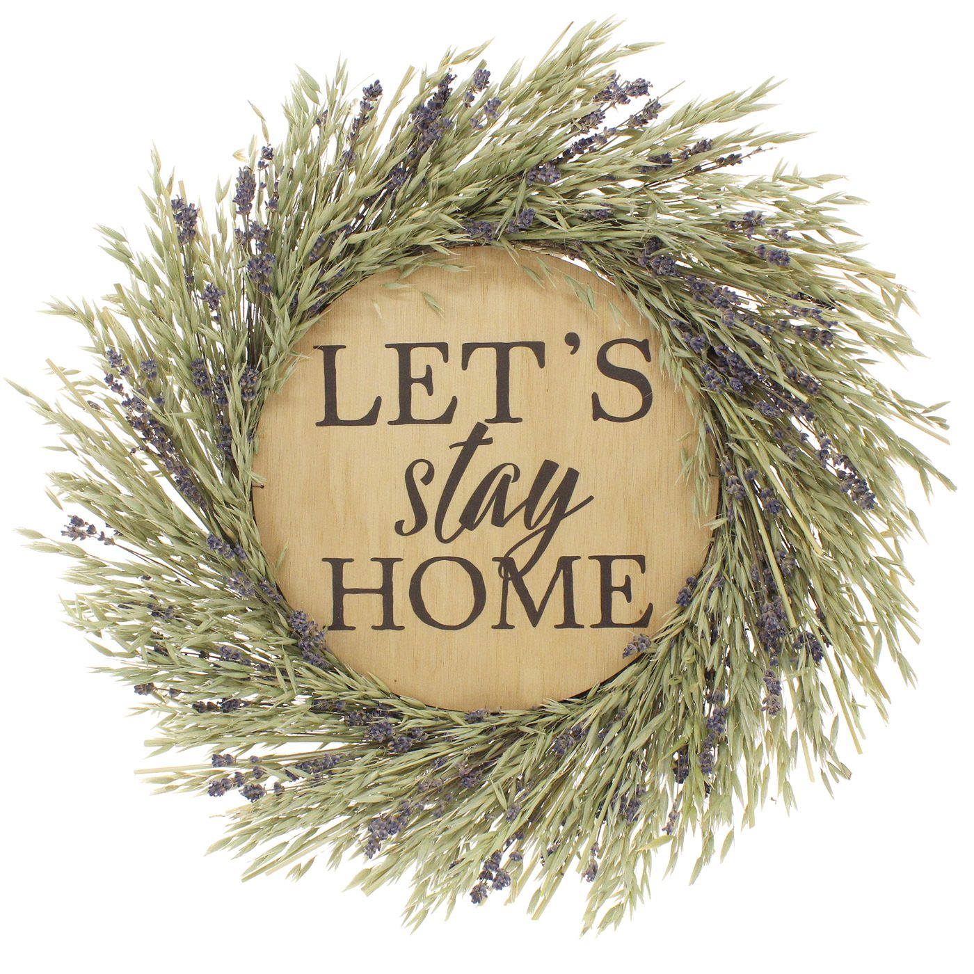 Lavender wreath framed "Let's Stay Home" wood sign in our gift guide.