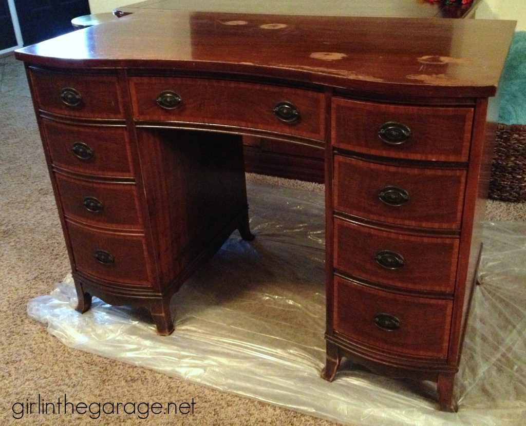 Before picture: Shabby wood desk with drawers.