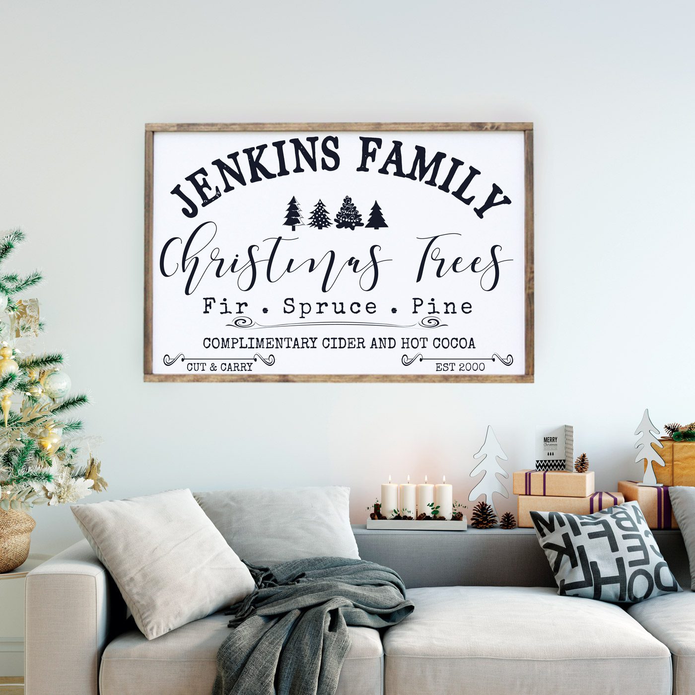 One of Shena's Christmas signs, Personalized Christmas tree sign with mixed vintage-inspired fonts.