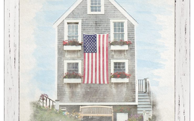 Watercolor portrait of an American farmhouse with a large American flag on the front.