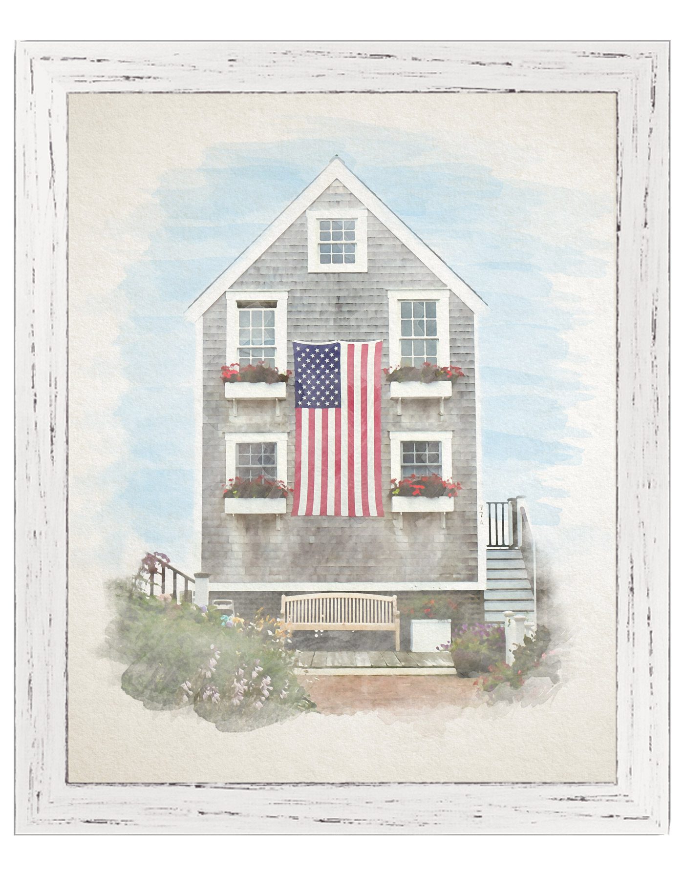 Watercolor portrait of an American farmhouse with a large American flag on the front.