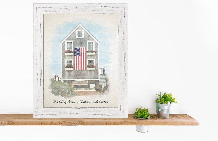 Watercolor portrait of an American farmhouse with a large American flag on the front.