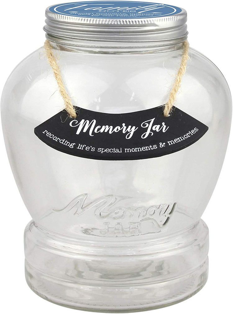 Lidded glass jar with an attached sign that says "Memory Jar" in cursive script. A unique choice for family friendly gifts!