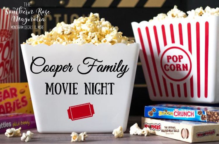 Personalized popcorn bucket with "Cooper Family Movie Night" printed on the front as an example. Great for family friendly gifts!