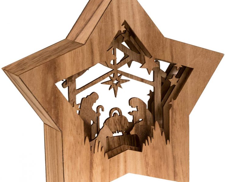 Wooden Nativity set shaped like a star with layers.