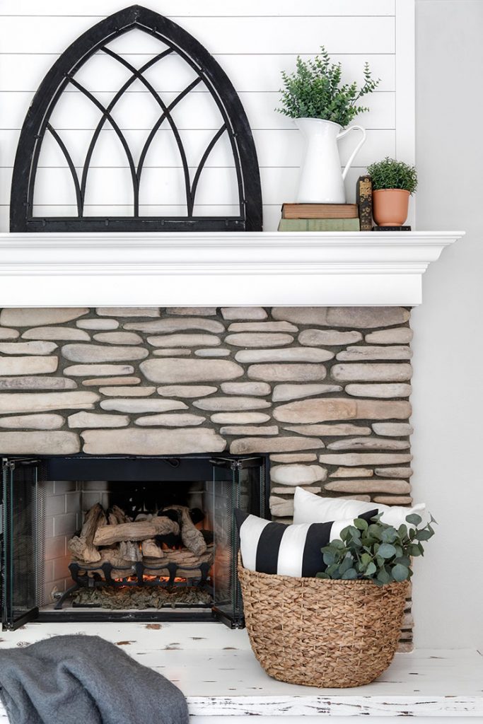 Modern farmhouse mantel with stone