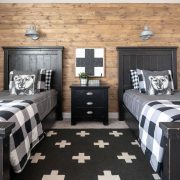 Plaid bedding in black and white boys room