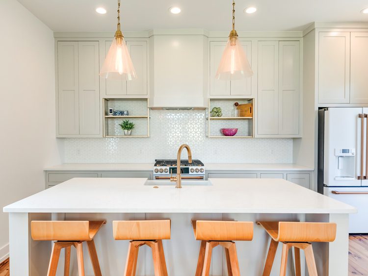 Farmhouse style kitchen with wood bar stools