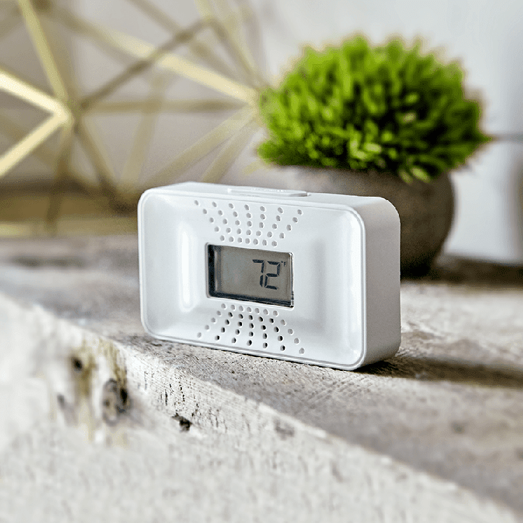 Small, white plastic carbon monoxide alarm in a healthy home.