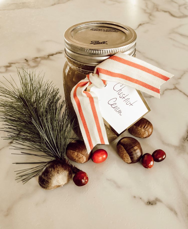 Mason jar filled with roasted chestnut creme in bow beside cranberries