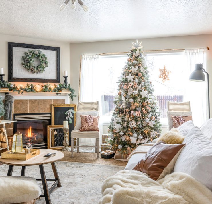 Christmas living room with silver and gold Christmas tree