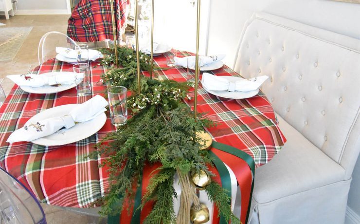 Farmhouse Christmas tablescape in red and green